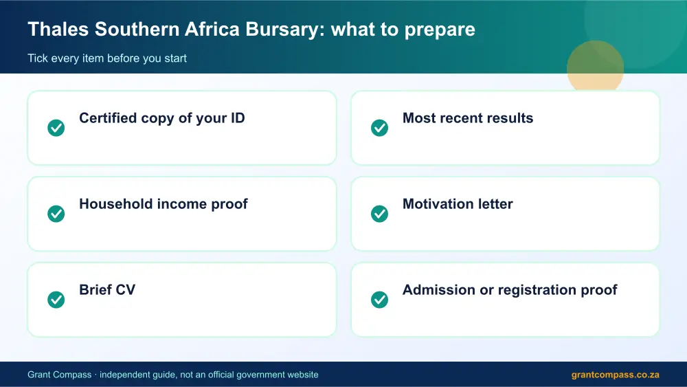 Thales Southern Africa Bursary documents checklist infographic – thales southern africa bursary South Africa 2026