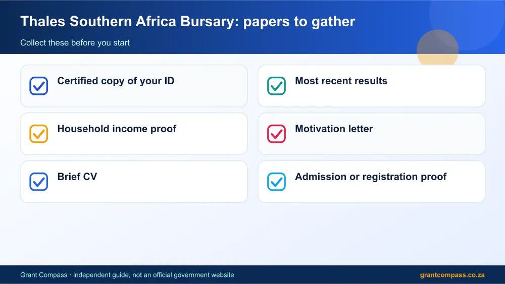 Thales Southern Africa Bursary required papers tick list infographic – thales southern africa bursary South Africa 2026
