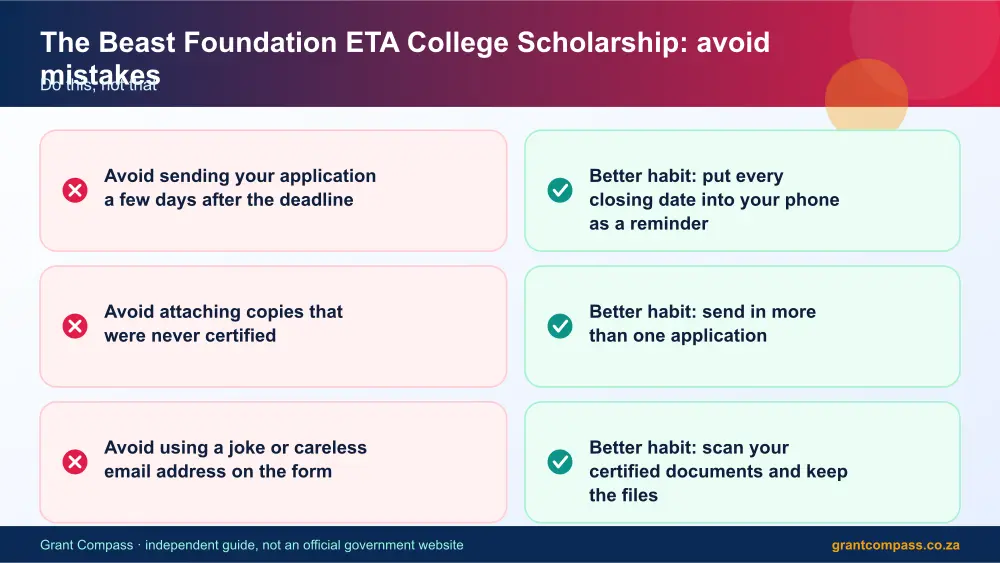 The Beast Foundation ETA College Scholarship mistakes to avoid and tips infographic – the beast foundation eta college scholarship South Africa 2026