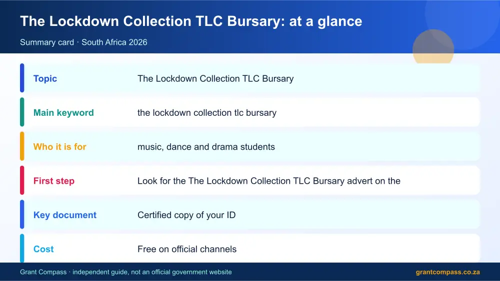 The Lockdown Collection TLC Bursary at a glance summary infographic – the lockdown collection tlc bursary South Africa 2026