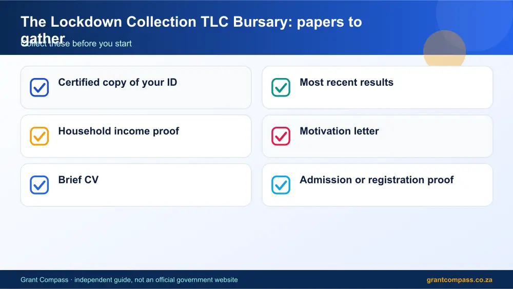 The Lockdown Collection TLC Bursary required papers tick list infographic – the lockdown collection tlc bursary South Africa 2026