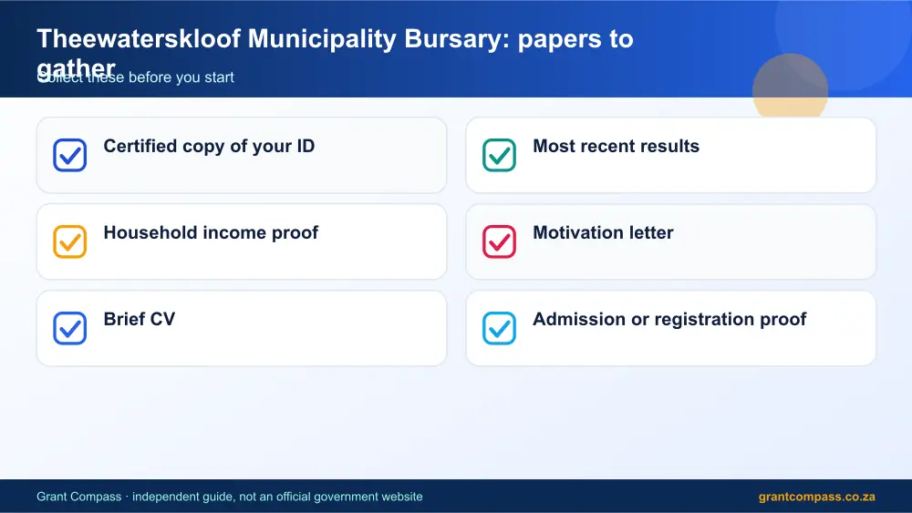 Theewaterskloof Municipality Bursary required papers tick list infographic – theewaterskloof municipality bursary South Africa 2026
