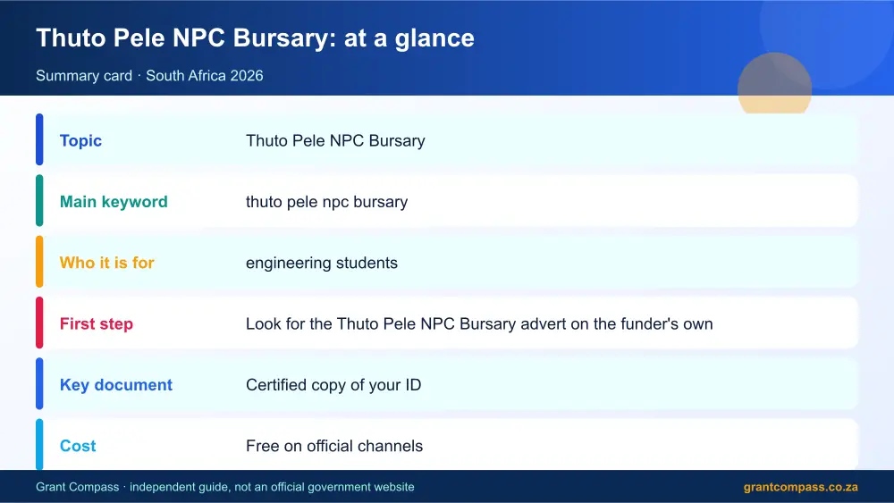 Thuto Pele NPC Bursary at a glance summary infographic – thuto pele npc bursary South Africa 2026