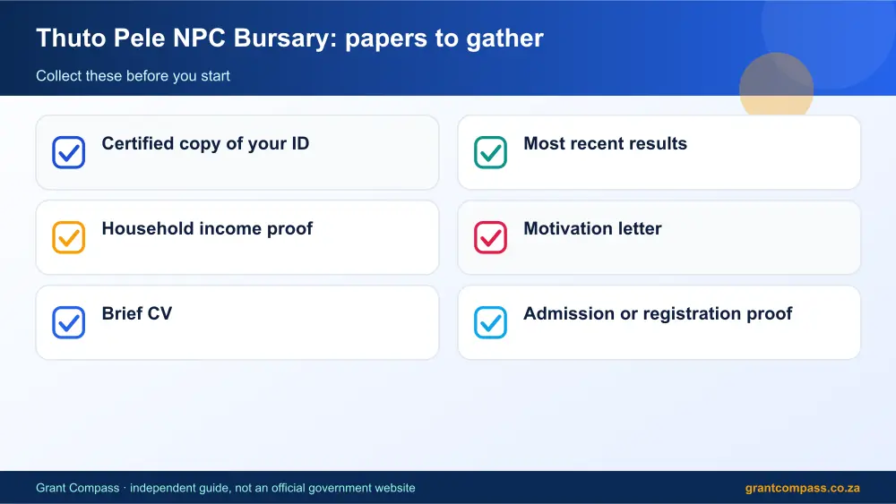 Thuto Pele NPC Bursary required papers tick list infographic – thuto pele npc bursary South Africa 2026