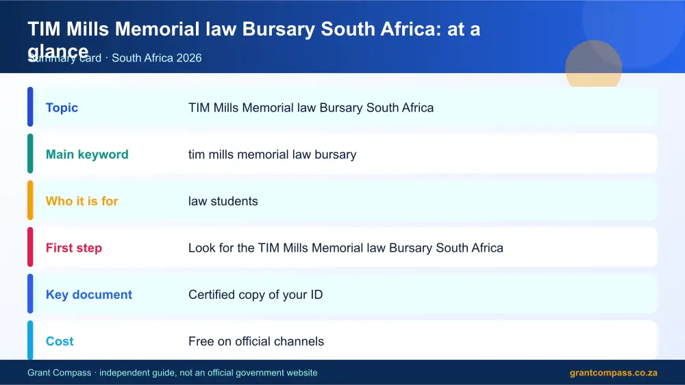 TIM Mills Memorial law Bursary South Africa at a glance summary infographic – tim mills memorial law bursary South Africa 2026