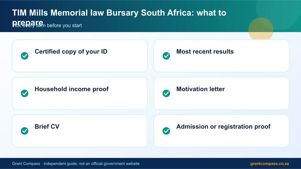 TIM Mills Memorial law Bursary South Africa documents checklist infographic – tim mills memorial law bursary South Africa 2026