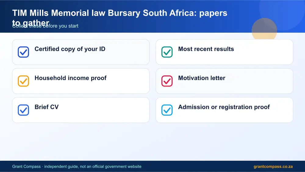 TIM Mills Memorial law Bursary South Africa required papers tick list infographic – tim mills memorial law bursary South Africa 2026