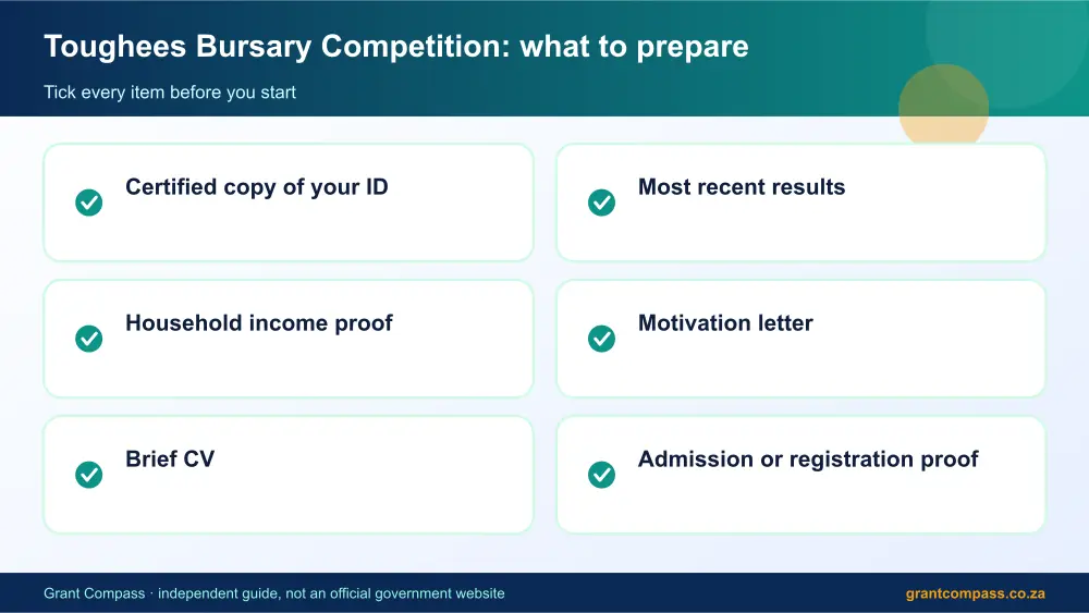 Toughees Bursary Competition documents checklist infographic – toughees bursary South Africa 2026