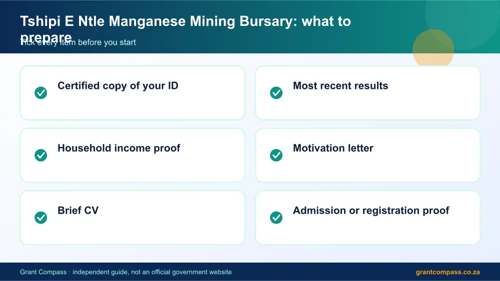 Tshipi E Ntle Manganese Mining Bursary documents checklist infographic – tshipi e ntle manganese mining bursary South Africa 2026