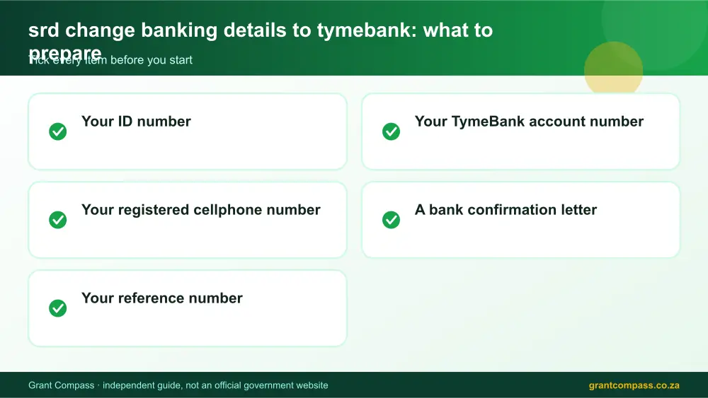 srd change banking details to tymebank documents checklist infographic – srd change banking details to tymebank South Africa 2026