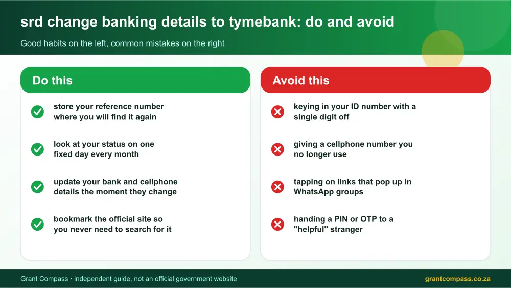 srd change banking details to tymebank dos and donts infographic – srd change banking details to tymebank South Africa 2026