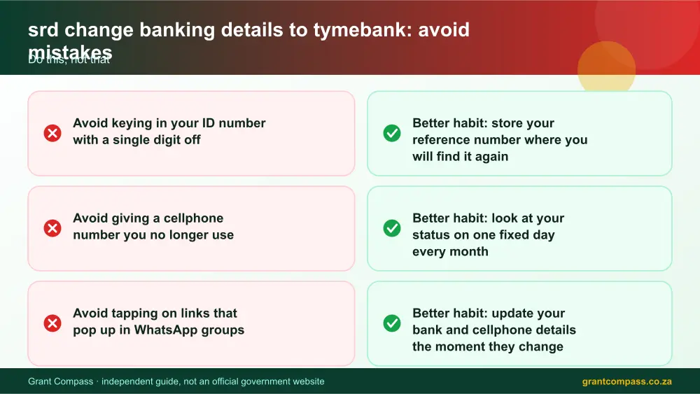 srd change banking details to tymebank mistakes to avoid and tips infographic – srd change banking details to tymebank South Africa 2026