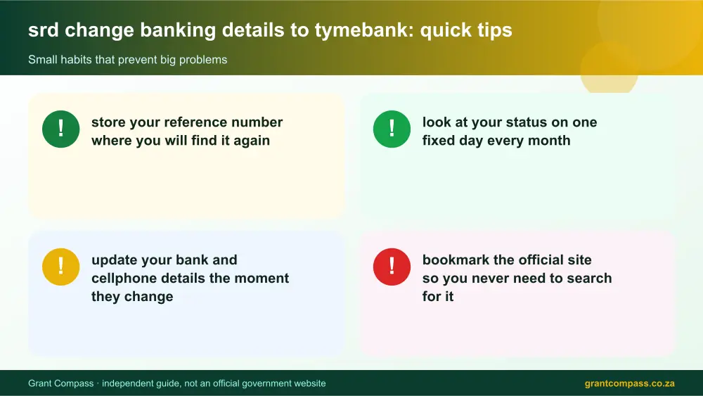 srd change banking details to tymebank quick tips cards infographic – srd change banking details to tymebank South Africa 2026