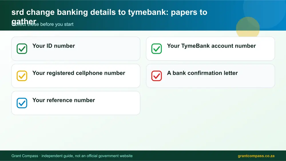 srd change banking details to tymebank required papers tick list infographic – srd change banking details to tymebank South Africa 2026