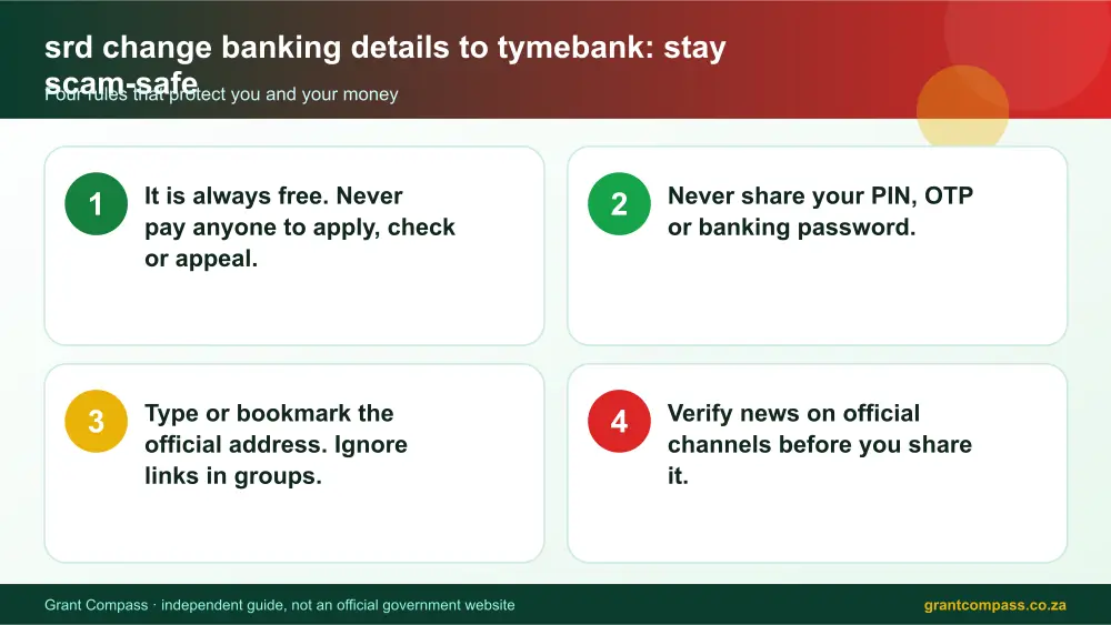 srd change banking details to tymebank stay safe from scams infographic – srd change banking details to tymebank South Africa 2026
