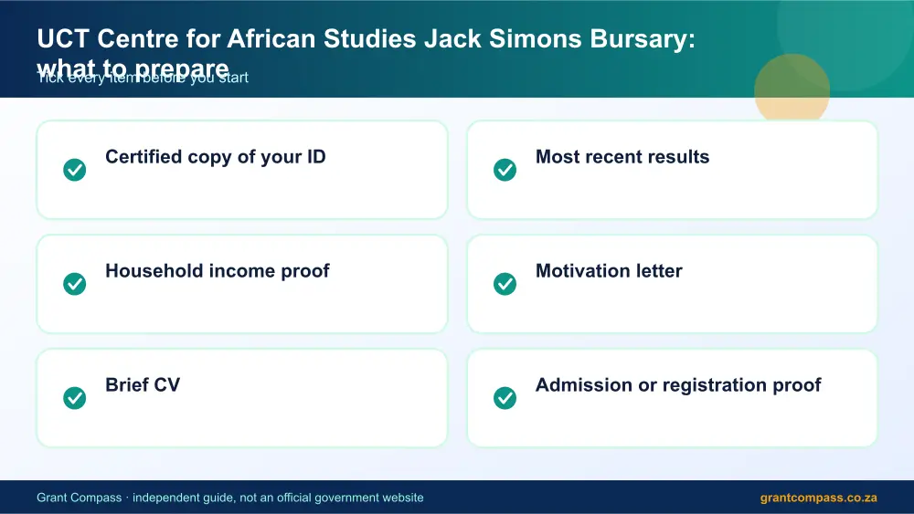 UCT Centre for African Studies Jack Simons Bursary documents checklist infographic – uct centre for african studies jack simons bursary scholarship South Africa 2026