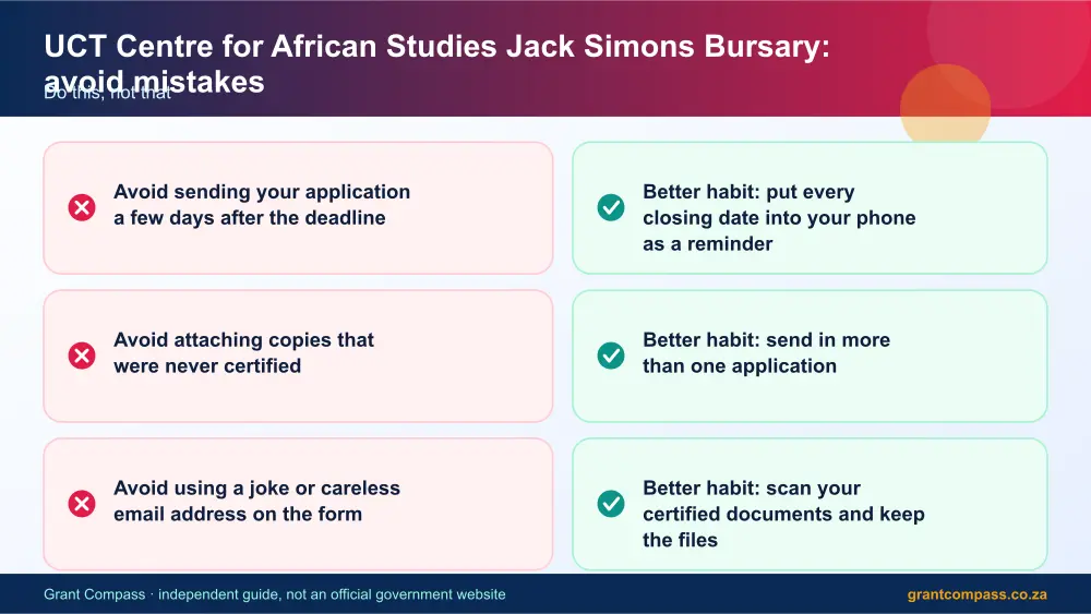 UCT Centre for African Studies Jack Simons Bursary mistakes to avoid and tips infographic – uct centre for african studies jack simons bursary scholarship South Africa 2026