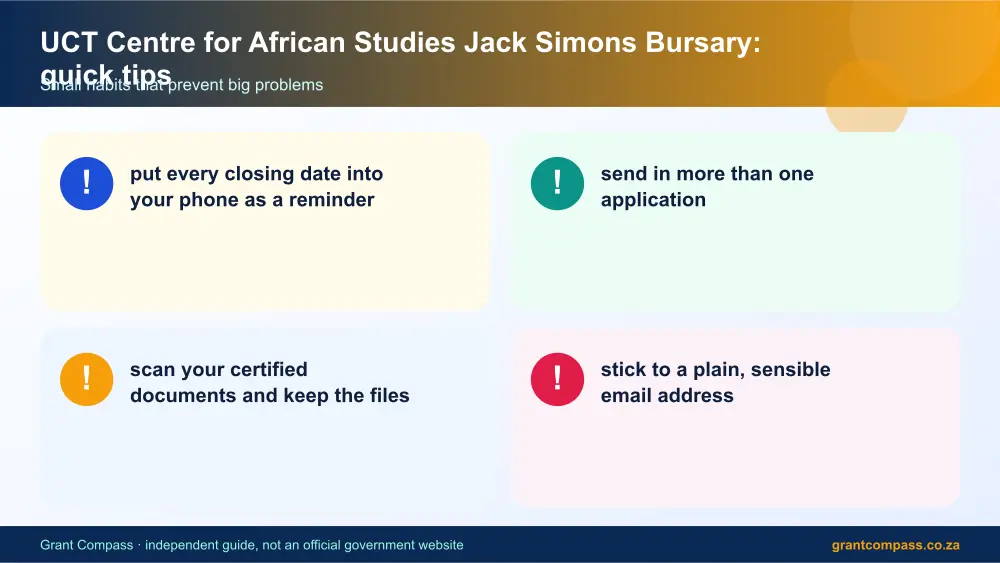 UCT Centre for African Studies Jack Simons Bursary quick tips cards infographic – uct centre for african studies jack simons bursary scholarship South Africa 2026