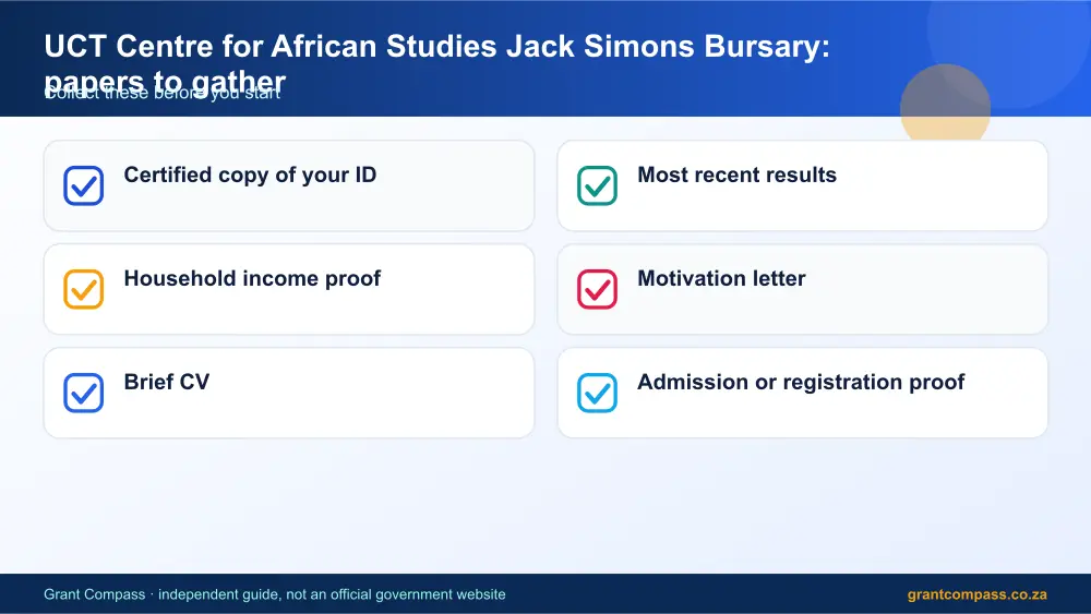 UCT Centre for African Studies Jack Simons Bursary required papers tick list infographic – uct centre for african studies jack simons bursary scholarship South Africa 2026