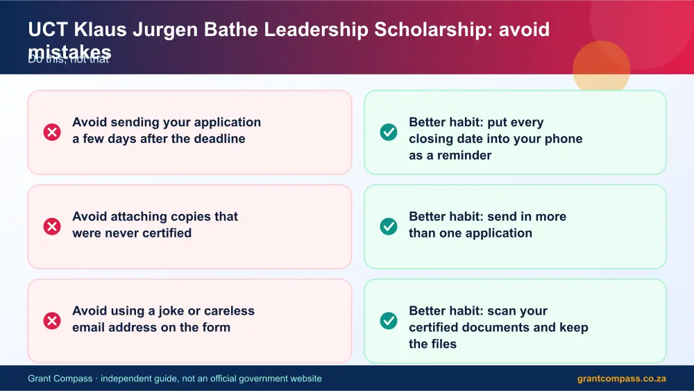 UCT Klaus Jurgen Bathe Leadership Scholarship mistakes to avoid and tips infographic – uct klaus jurgen bathe leadership scholarship South Africa 2026