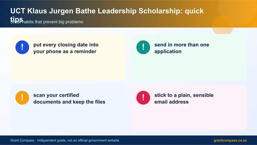 UCT Klaus Jurgen Bathe Leadership Scholarship quick tips cards infographic – uct klaus jurgen bathe leadership scholarship South Africa 2026