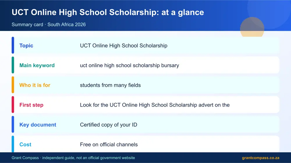 UCT Online High School Scholarship at a glance summary infographic – uct online high school scholarship bursary South Africa 2026