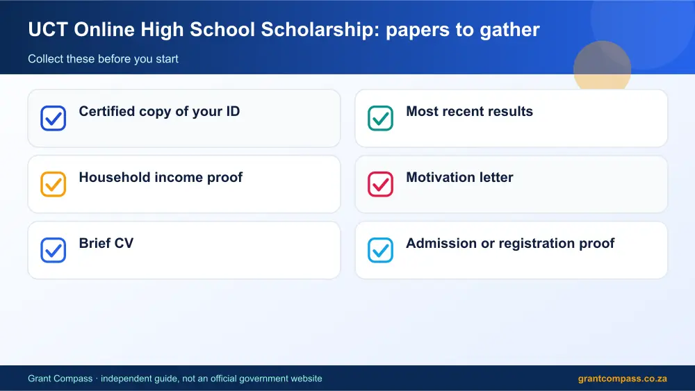UCT Online High School Scholarship required papers tick list infographic – uct online high school scholarship bursary South Africa 2026