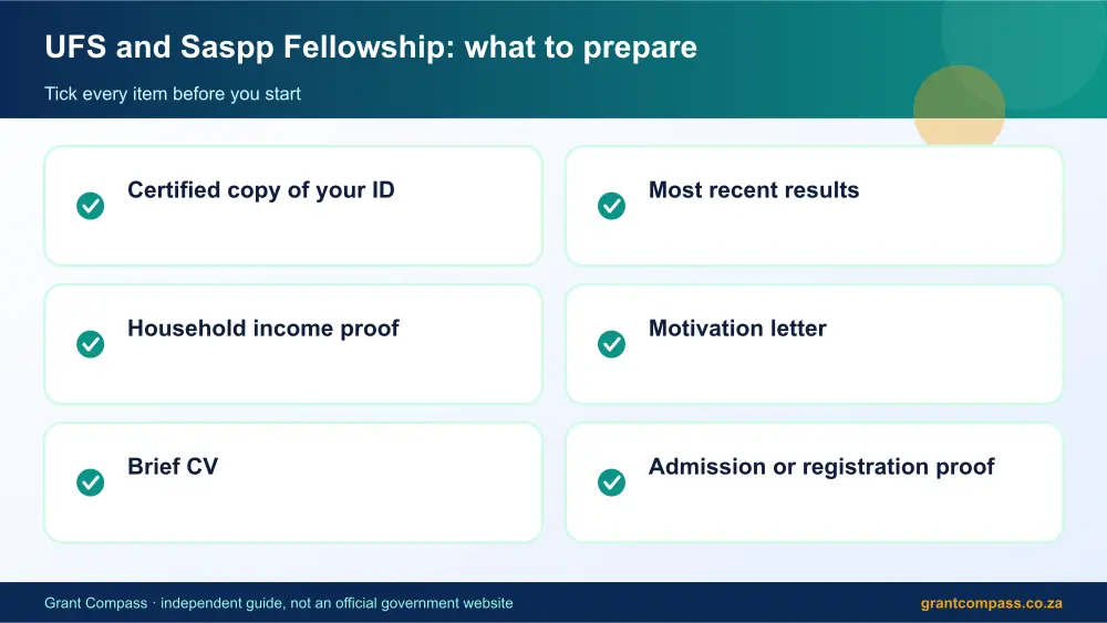 UFS and Saspp Fellowship documents checklist infographic – ufs and saspp fellowship bursary South Africa 2026