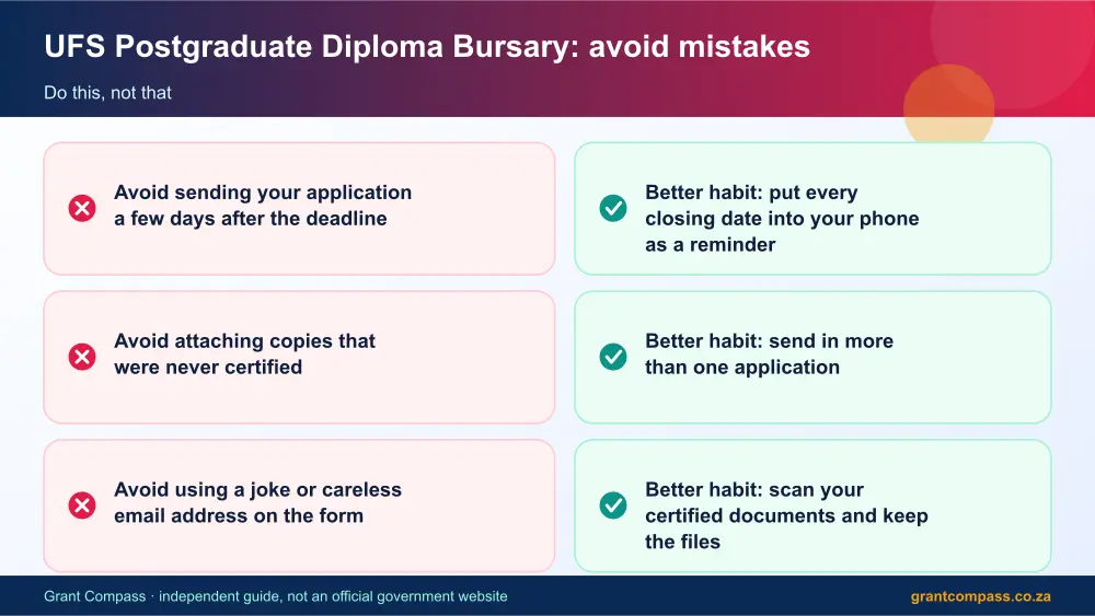 UFS Postgraduate Diploma Bursary mistakes to avoid and tips infographic – ufs postgraduate diploma bursary scholarship South Africa 2026