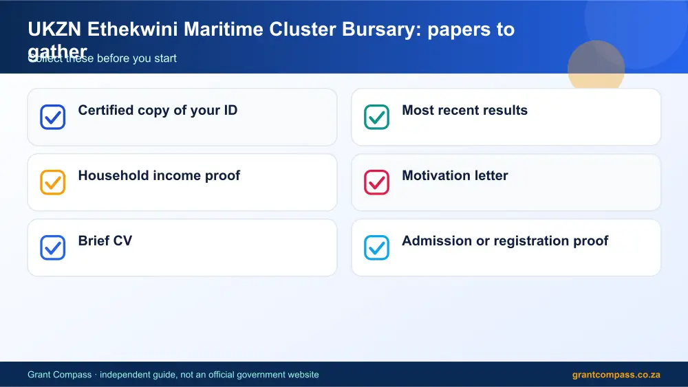 UKZN Ethekwini Maritime Cluster Bursary required papers tick list infographic – ukzn ethekwini maritime cluster bursary South Africa 2026
