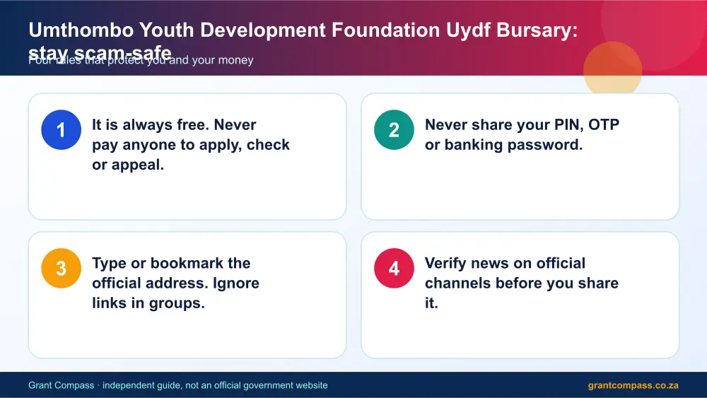 Umthombo Youth Development Foundation Uydf Bursary stay safe from scams infographic – umthombo bursary South Africa 2026