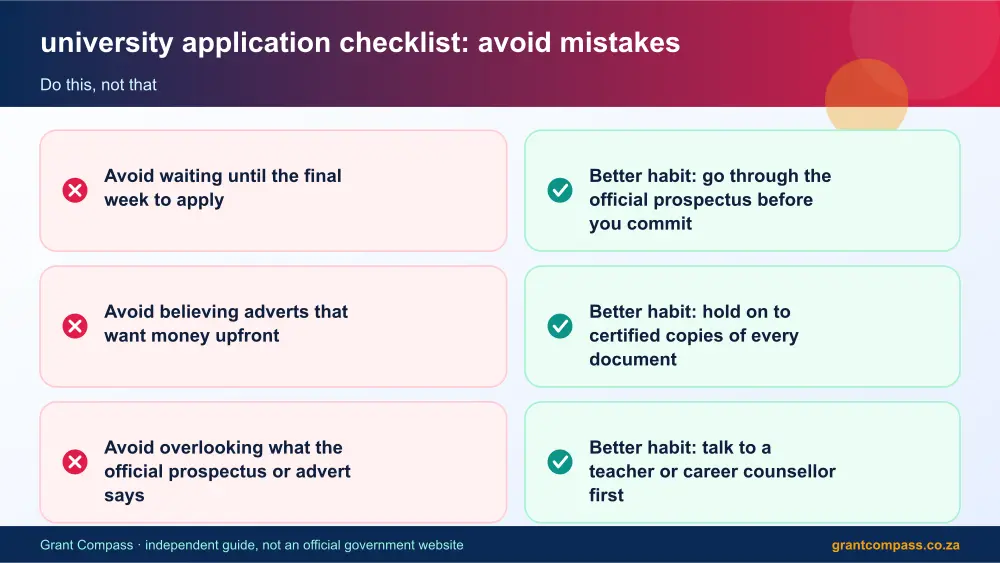 university application checklist mistakes to avoid and tips infographic – university application checklist South Africa 2026
