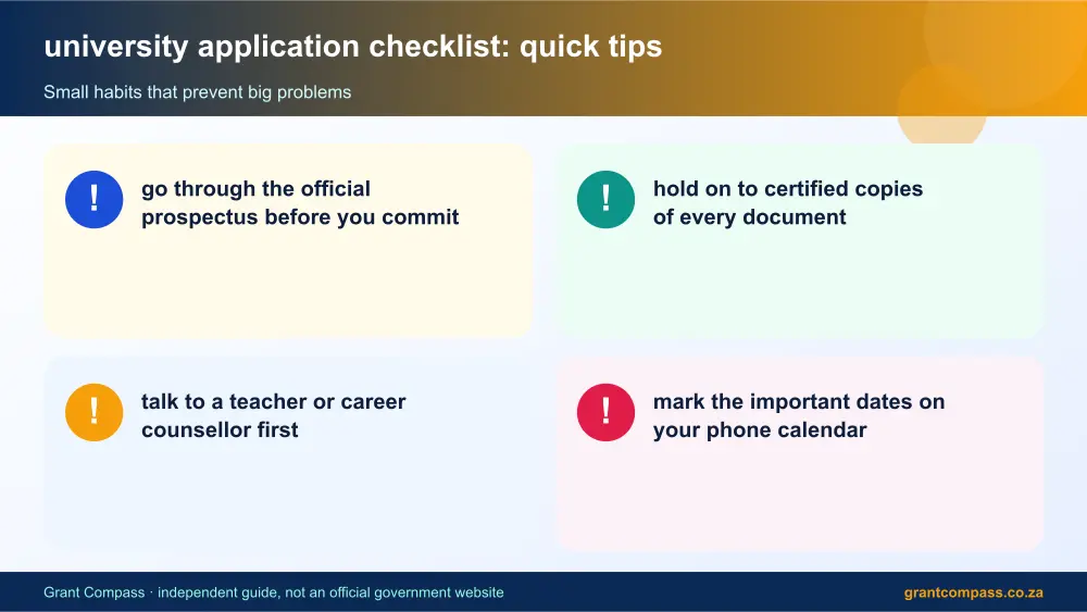 university application checklist quick tips cards infographic – university application checklist South Africa 2026