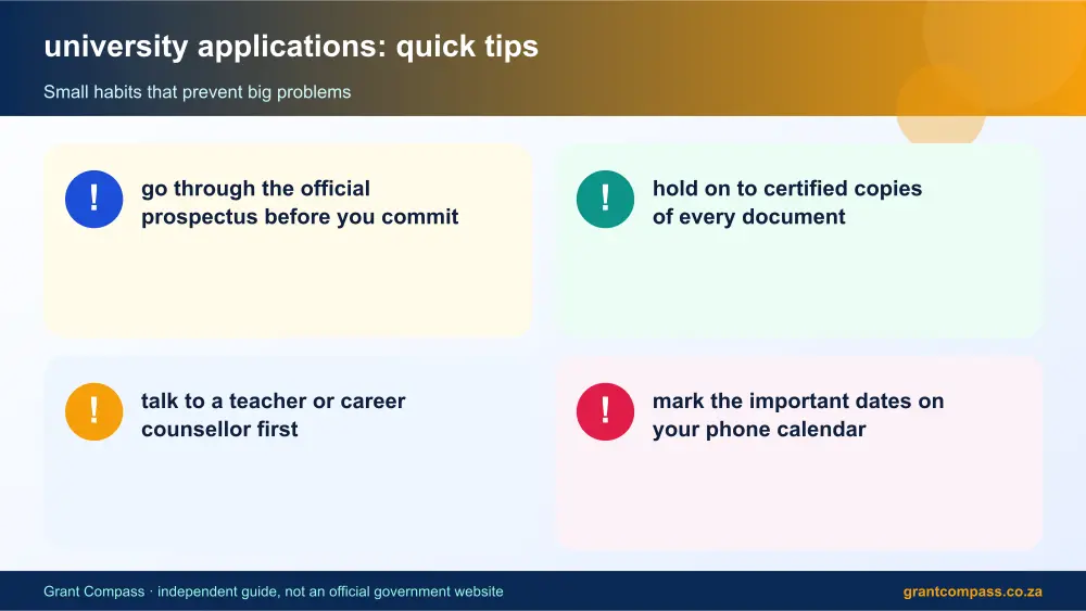 university applications quick tips cards infographic – university applications South Africa 2026