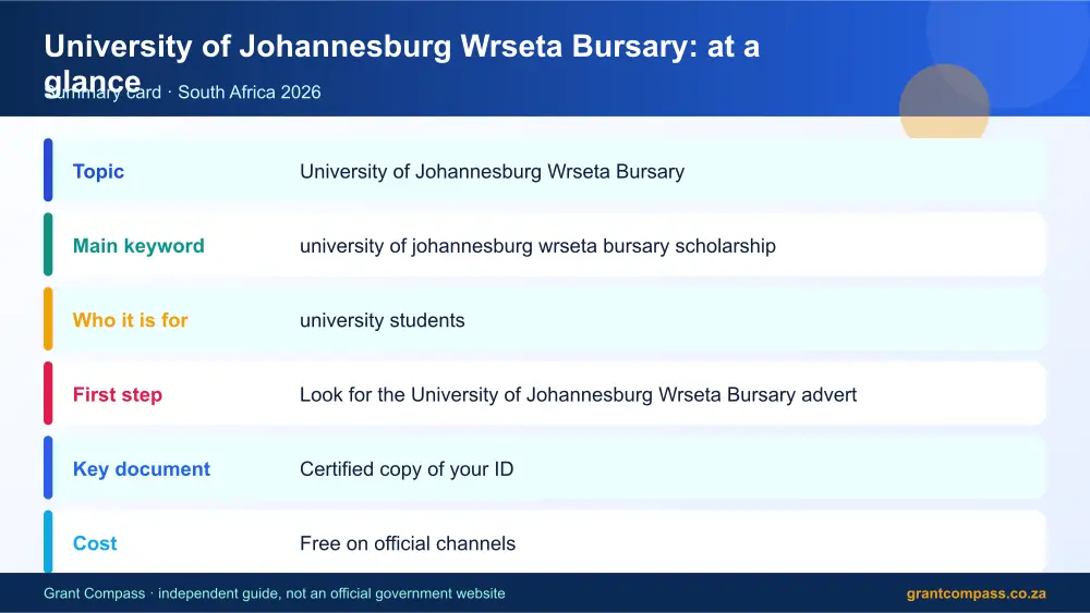University of Johannesburg Wrseta Bursary at a glance summary infographic – university of johannesburg wrseta bursary scholarship South Africa 2026