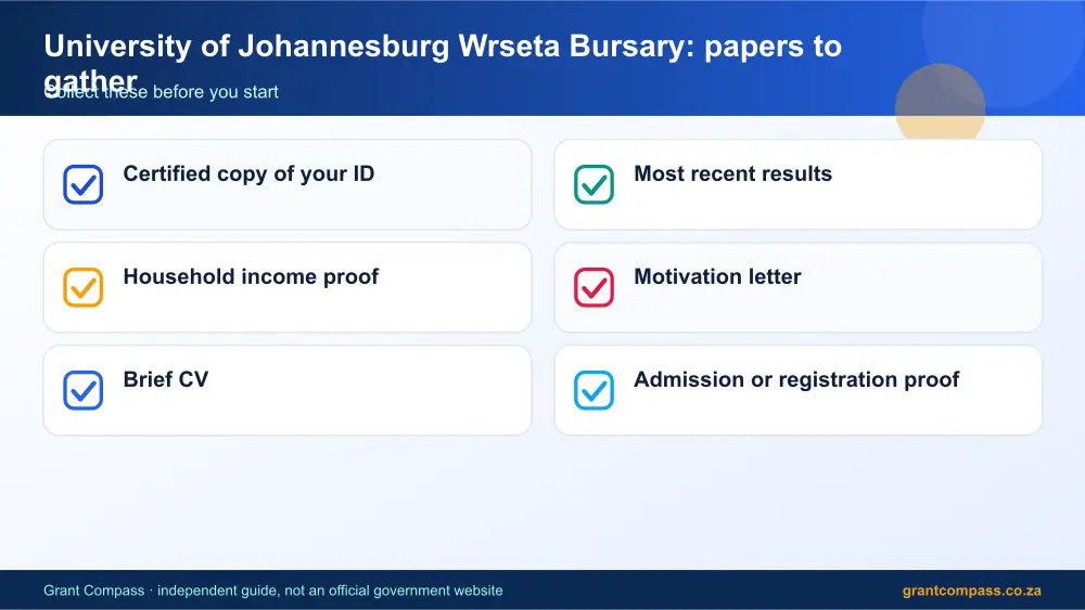University of Johannesburg Wrseta Bursary required papers tick list infographic – university of johannesburg wrseta bursary scholarship South Africa 2026