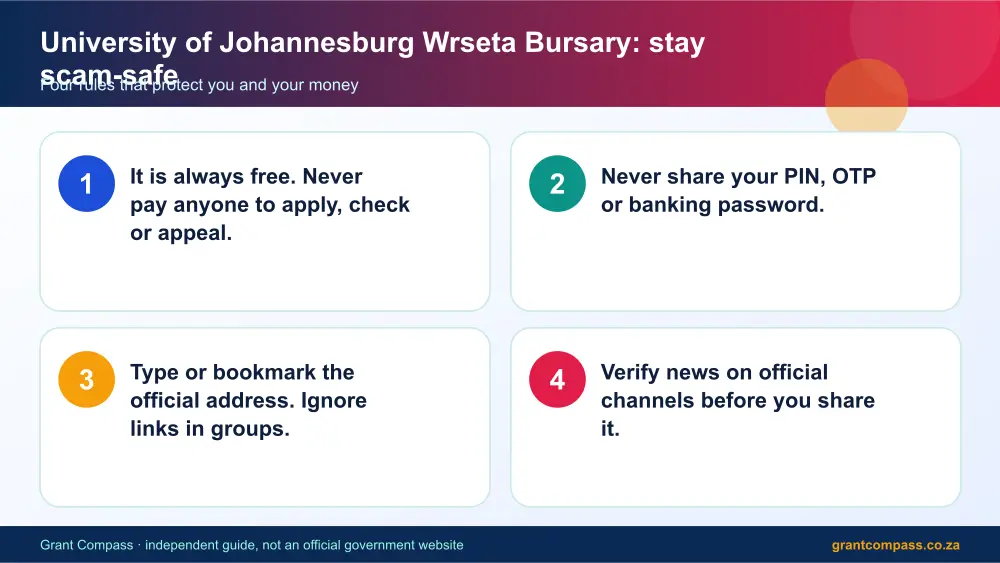 University of Johannesburg Wrseta Bursary stay safe from scams infographic – university of johannesburg wrseta bursary scholarship South Africa 2026