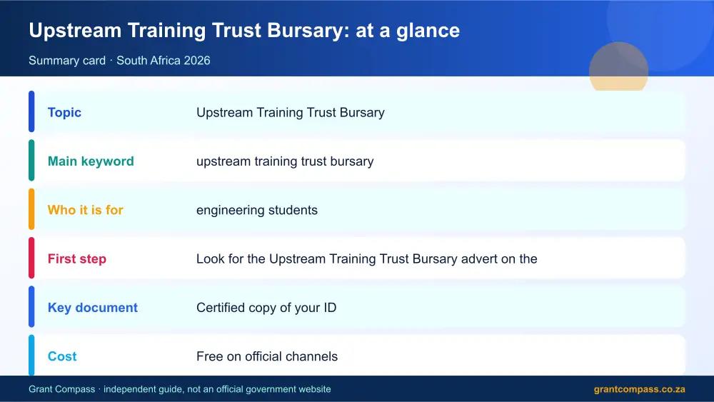 Upstream Training Trust Bursary at a glance summary infographic – upstream training trust bursary South Africa 2026