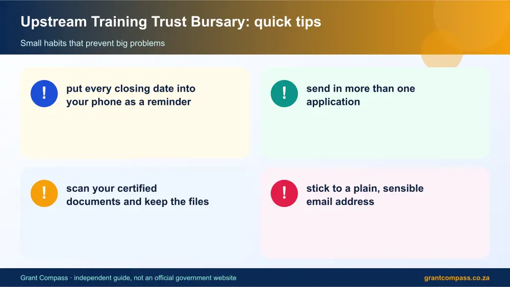 Upstream Training Trust Bursary quick tips cards infographic – upstream training trust bursary South Africa 2026