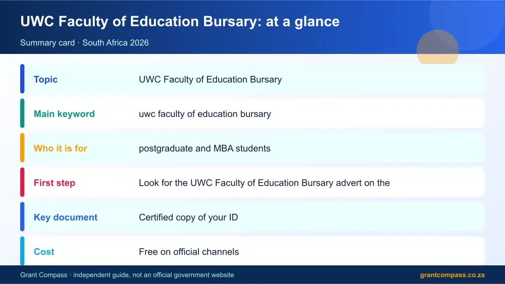 UWC Faculty of Education Bursary at a glance summary infographic – uwc faculty of education bursary South Africa 2026