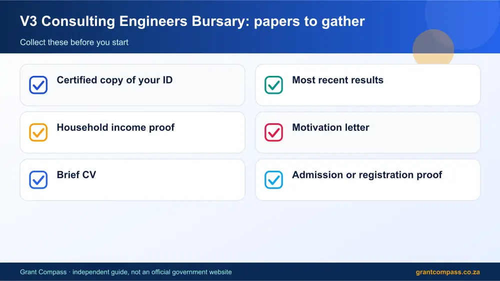 V3 Consulting Engineers Bursary required papers tick list infographic – v3 consulting engineers bursary South Africa 2026