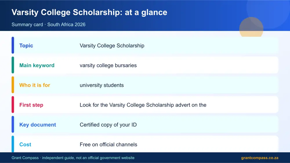 Varsity College Scholarship at a glance summary infographic – varsity college bursaries South Africa 2026