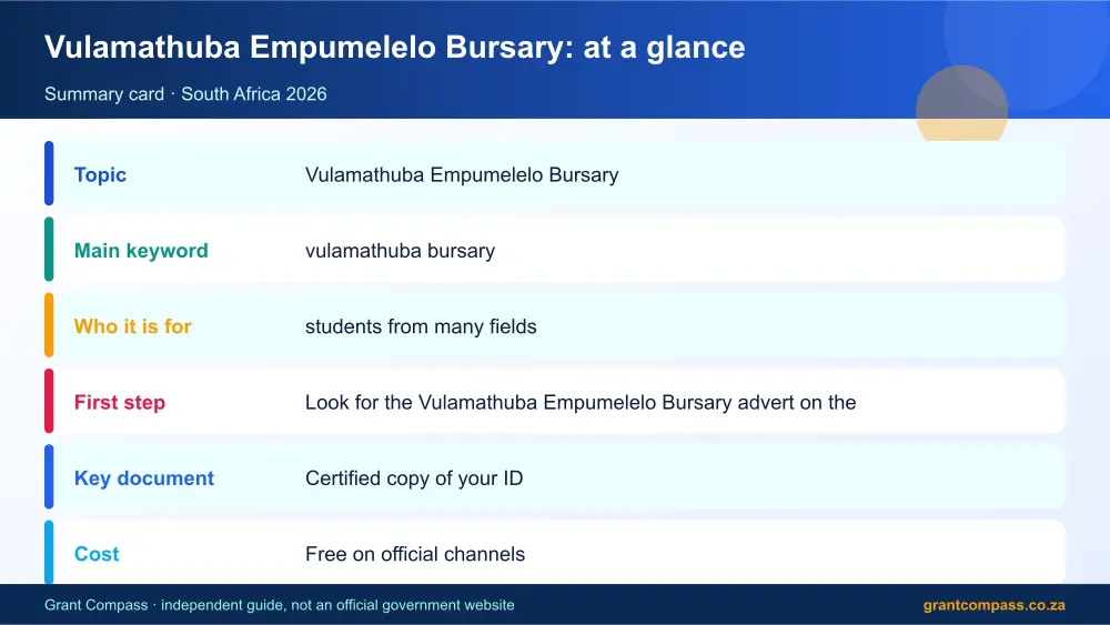 Vulamathuba Empumelelo Bursary at a glance summary infographic – vulamathuba bursary South Africa 2026