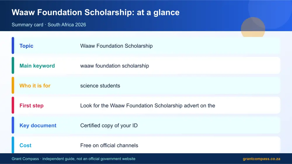 Waaw Foundation Scholarship at a glance summary infographic – waaw foundation scholarship South Africa 2026