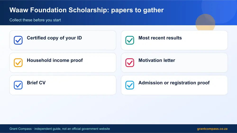 Waaw Foundation Scholarship required papers tick list infographic – waaw foundation scholarship South Africa 2026