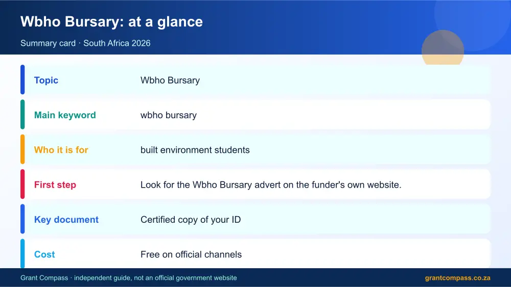 Wbho Bursary at a glance summary infographic – wbho bursary South Africa 2026