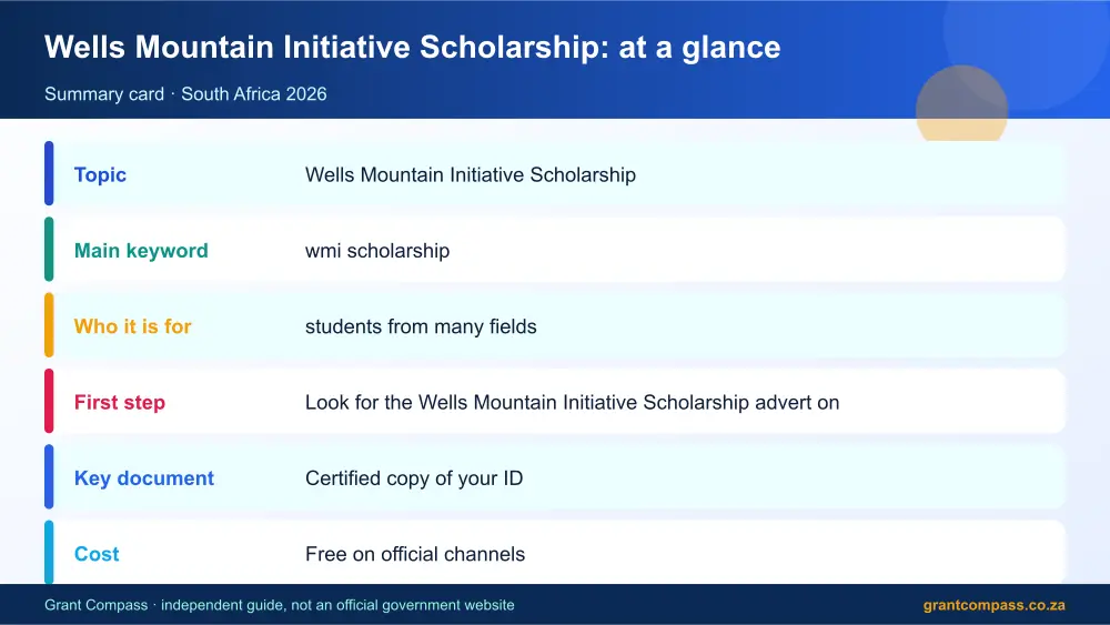 Wells Mountain Initiative Scholarship at a glance summary infographic – wmi scholarship South Africa 2026