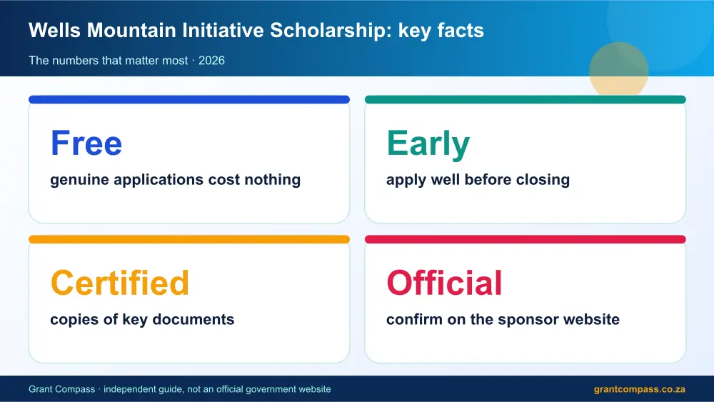 Wells Mountain Initiative Scholarship key facts at a glance infographic – wmi scholarship South Africa 2026