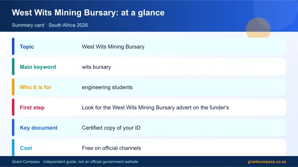 West Wits Mining Bursary at a glance summary infographic – wits bursary South Africa 2026