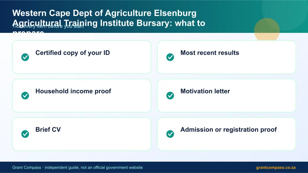 Western Cape Dept of Agriculture Elsenburg Agricultural Training Institute Bursary documents checklist infographic – western cape dept of agriculture elsenburg agricultural training institute bursary South Africa 2026